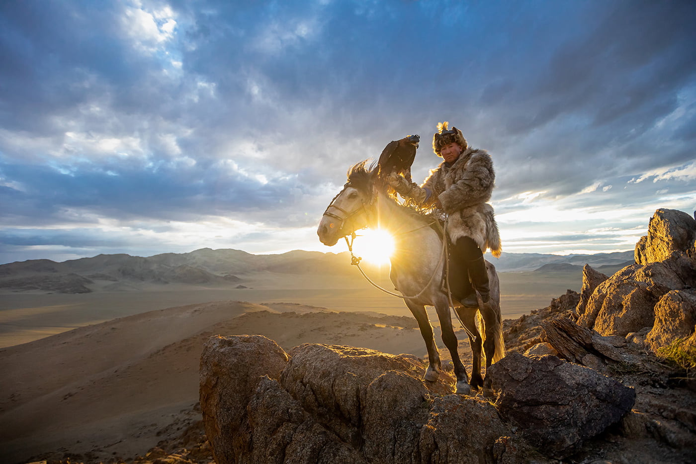 Botei Rys, a Kazakh Eagle Hunter with his eagle from Altantsögts district of Bayan-Ölgii Province in western Mongolia.