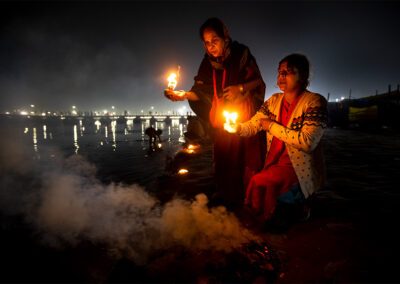 Sondhi Puja (Evening Puja), during Maha Kumbh Mela on the Ganges.