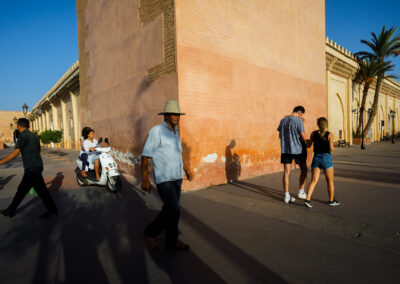 Street life in front of Moulay El Yazid Mosque, Marrakesh, Morocco.