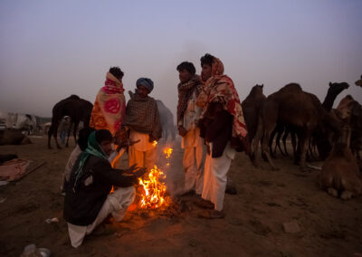 Camel harders are making fire to make their body warm during Pushkar Mela.